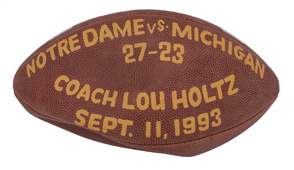 1993 Notre Dame Game Used Wilson Football Used On 9/11/93 Presented To Coach Lou Holtz - Career Win #184 (Holtz LOA)
